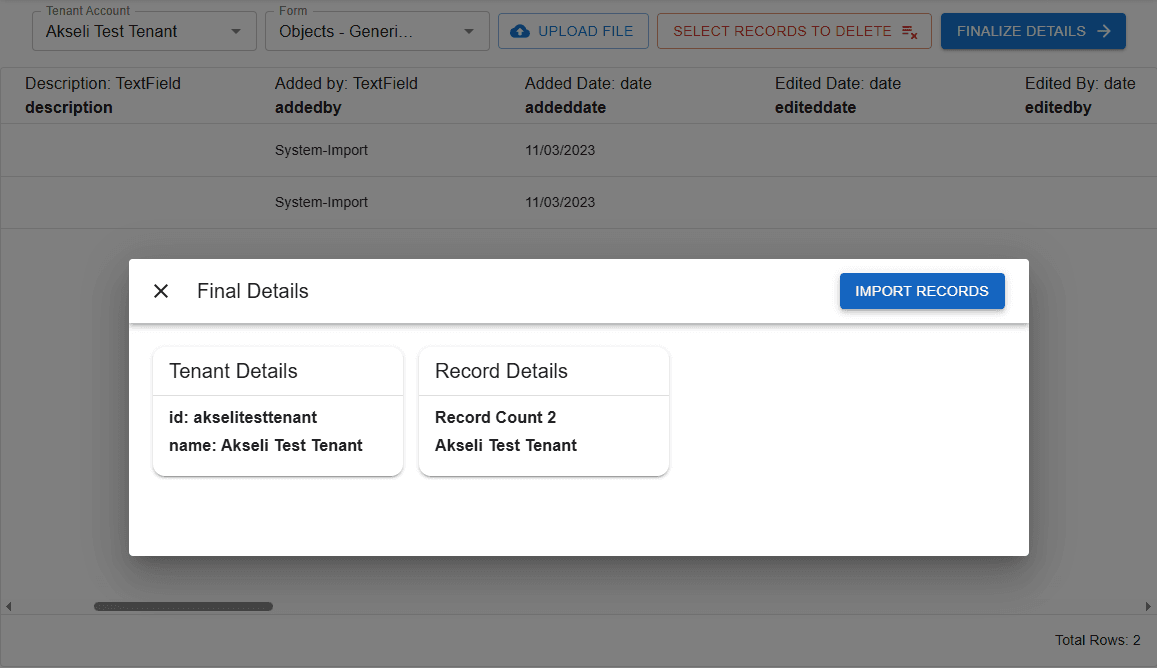 Browser mockup for Data Import Tool